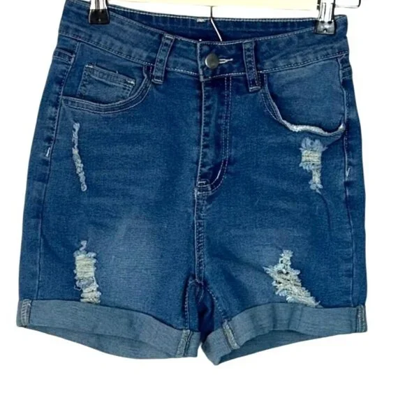 Distressed High Waisted Roll Cuffed Stretch Denim Blue Jean Shorts Women's Small - Picture 3 of 8